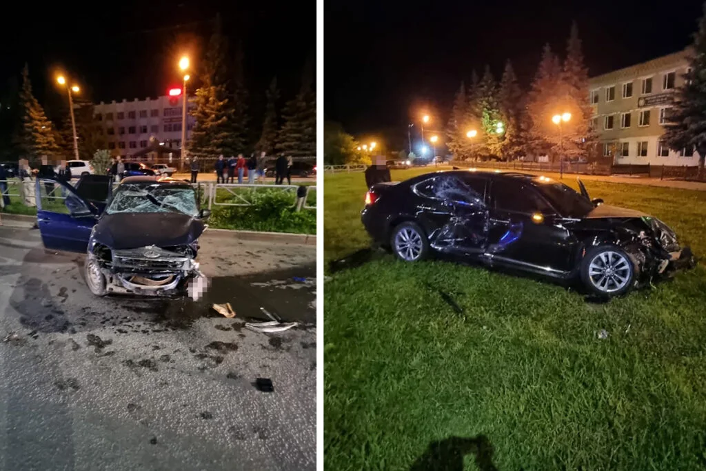 В Стерлитамаке на Худайбердина Lexus и Lada при столкновении снесли забор
