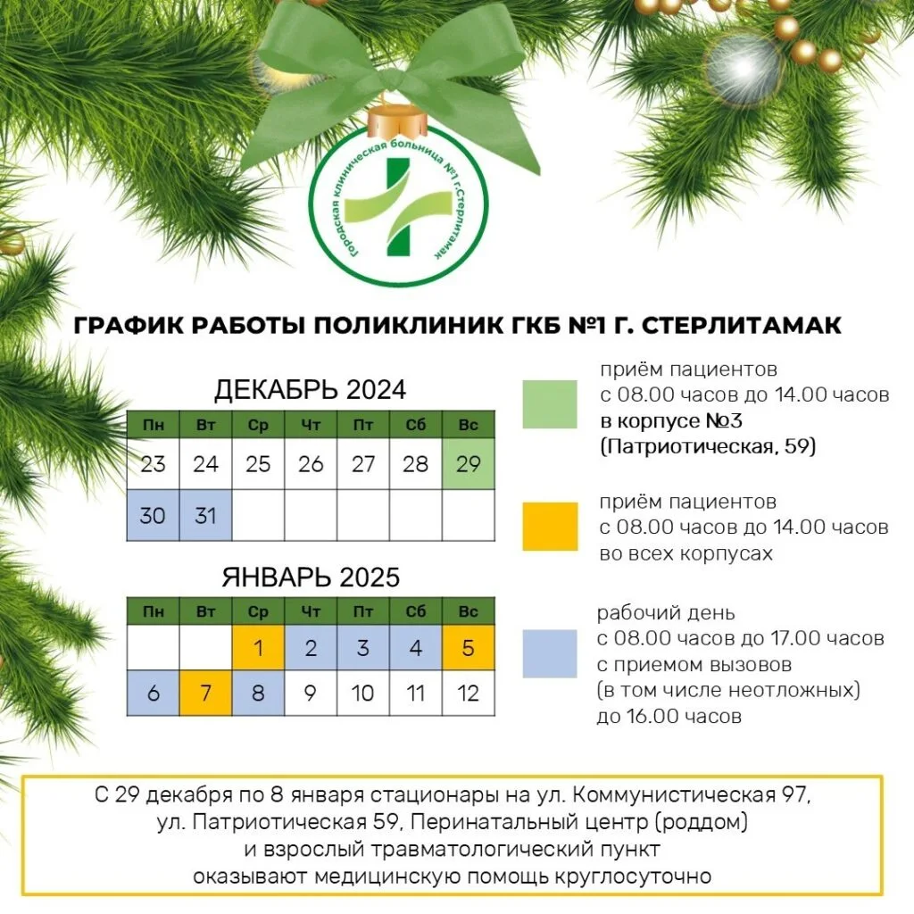 График работы поликлиник Стерлитамака на новогодних каникулах 2024-2025